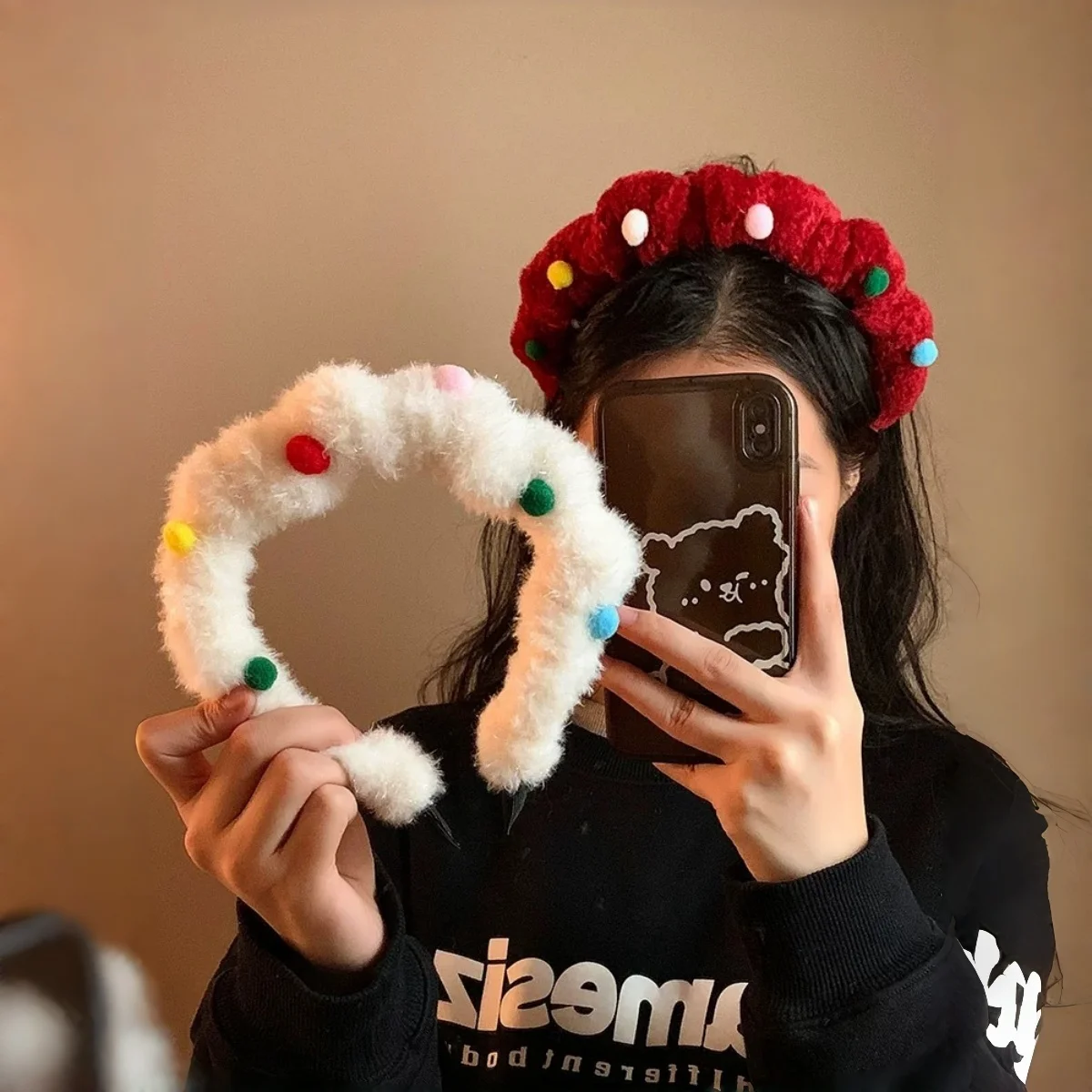 

Cute Colorful Candy Bean Christmas Plush Headband, Face-Washing High Crown Hairband, Autumn-Winter Plush Headwear