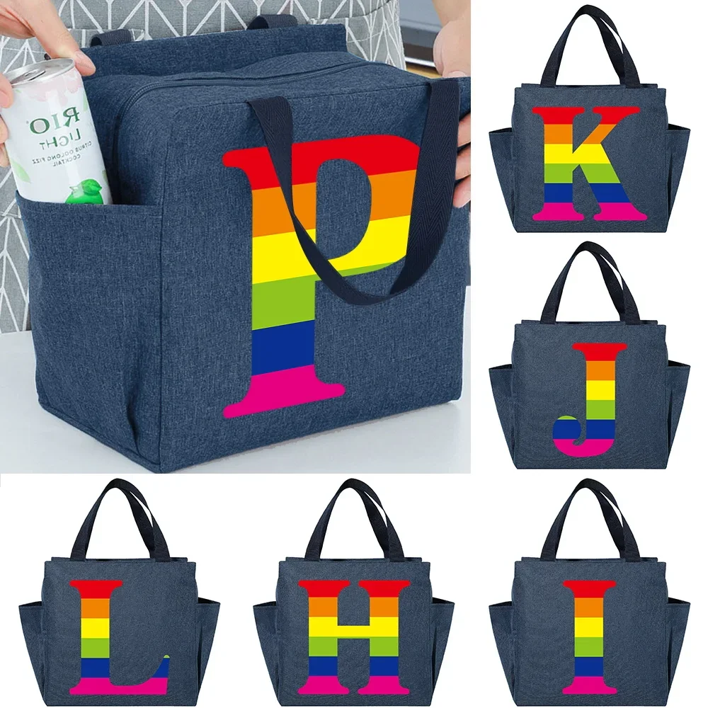 

Canvas Thermal Lunch Dinner Bags Rainbow Letter Print Handbags Picnic Travel Breakfast Box School Child Food Insulated Tote Bag