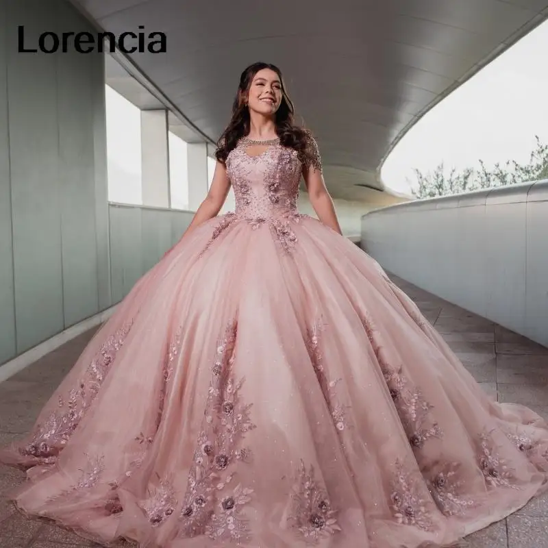 

Lorencia Pink Shiny Quinceanera Dress Mexican Lace 3D Flower Beads Puffy Ball Gowns Applique Sweet 16 Vestidos De 15 Años YQD621