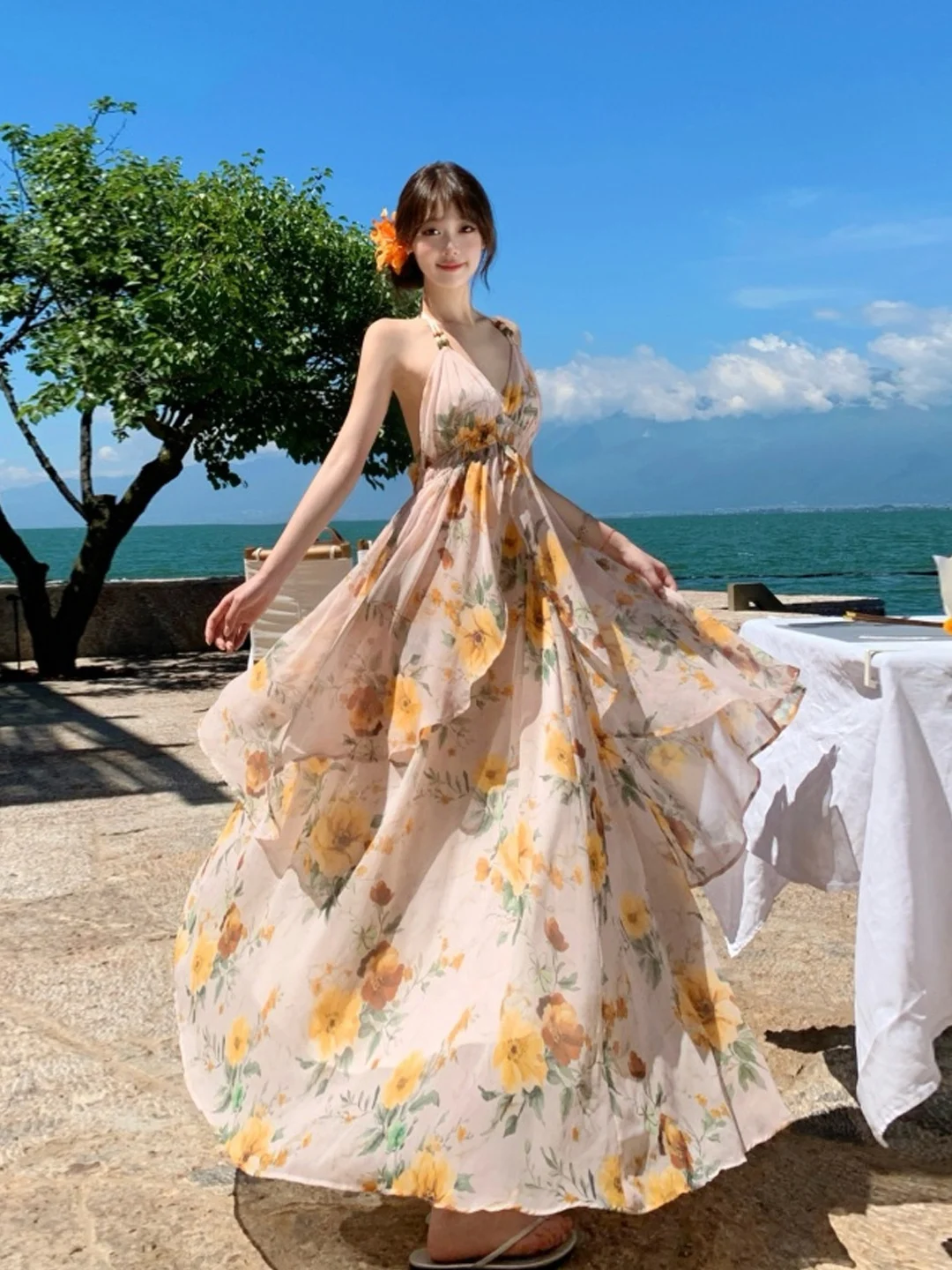 바이온 트래블 플로럴 프린트 오프숄더 롱 드레스 비치 포토 아우토레스 아일랜드 드레스 소프트 시폰 하이웨이스트 썸머