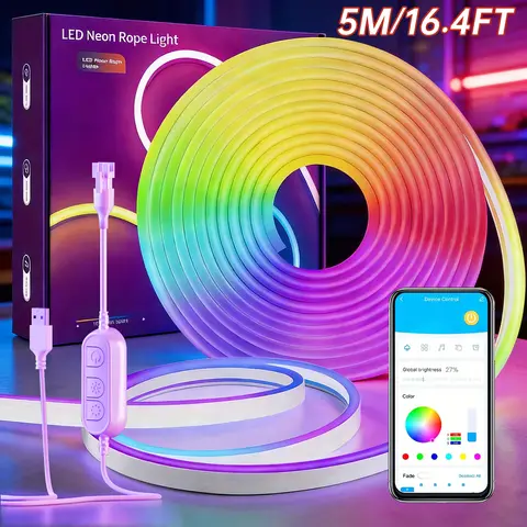 5M RGB Color Changing Neon Light Strip, Waterproof Flexible LED Neon Rope, USB Powered, APP & Manual 3 Keys Control for Indoor Outdoor Home Party Decoration