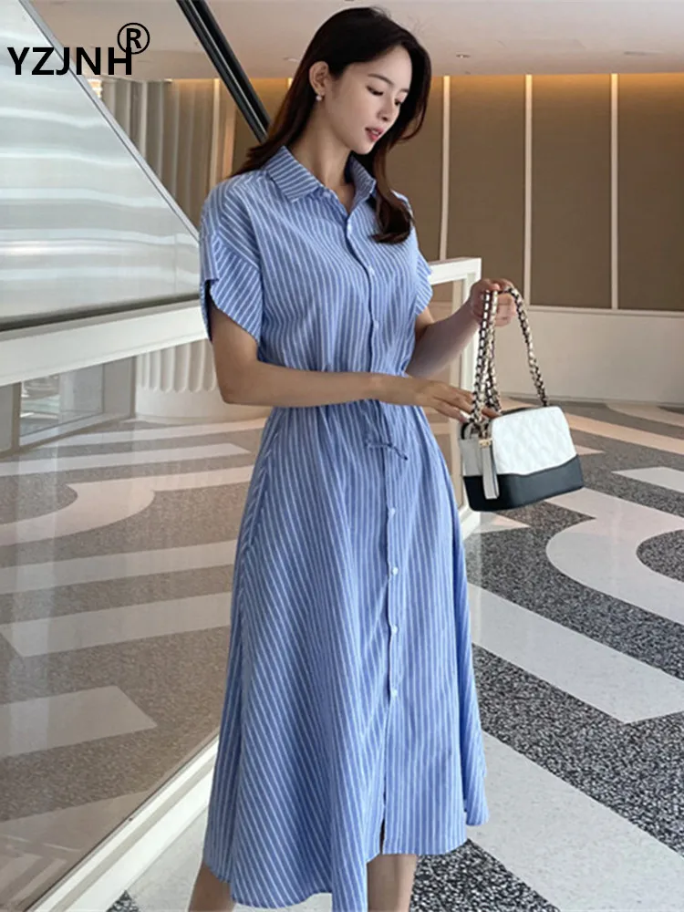 YZJNH 2024 Summer Women's Long Dress Korean Polo Neck Short Sleeve Dress Waist Drawstring Stripe Cotton Big Hem Dress  Women's