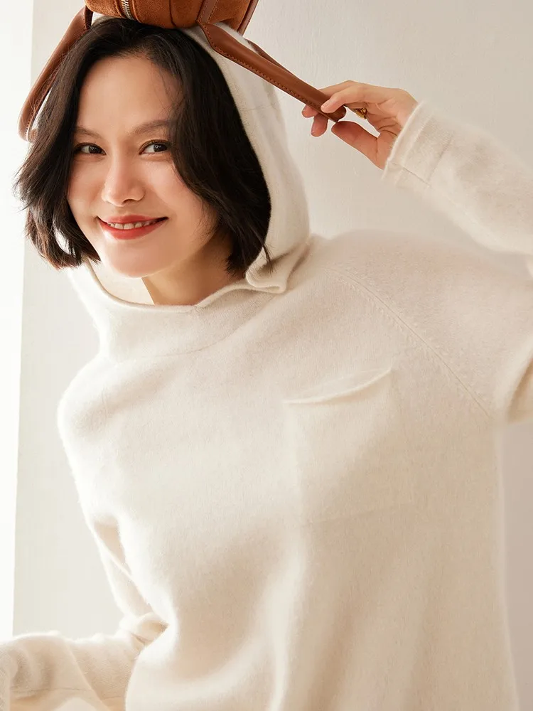 New Hooded Pullover Cashmere Sweater autumn and winter comfortable warm slimming and figure-hugging Women 100% Cashmere Knit Top