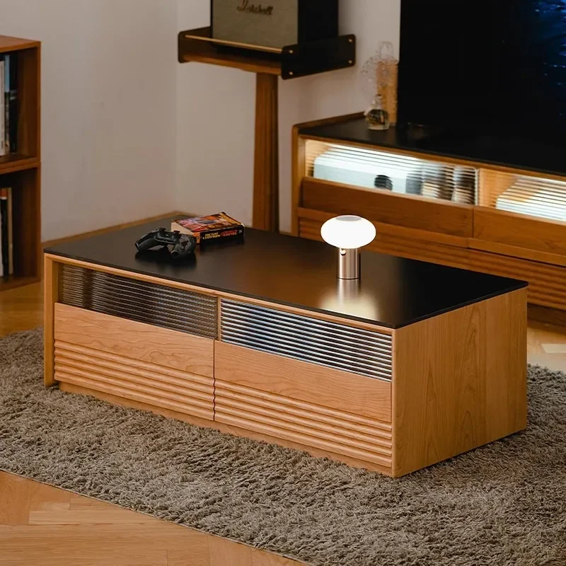 Liuyan tea table living room solid wood floor tea table, cherry wood Japanese-style household rock slab small tea table