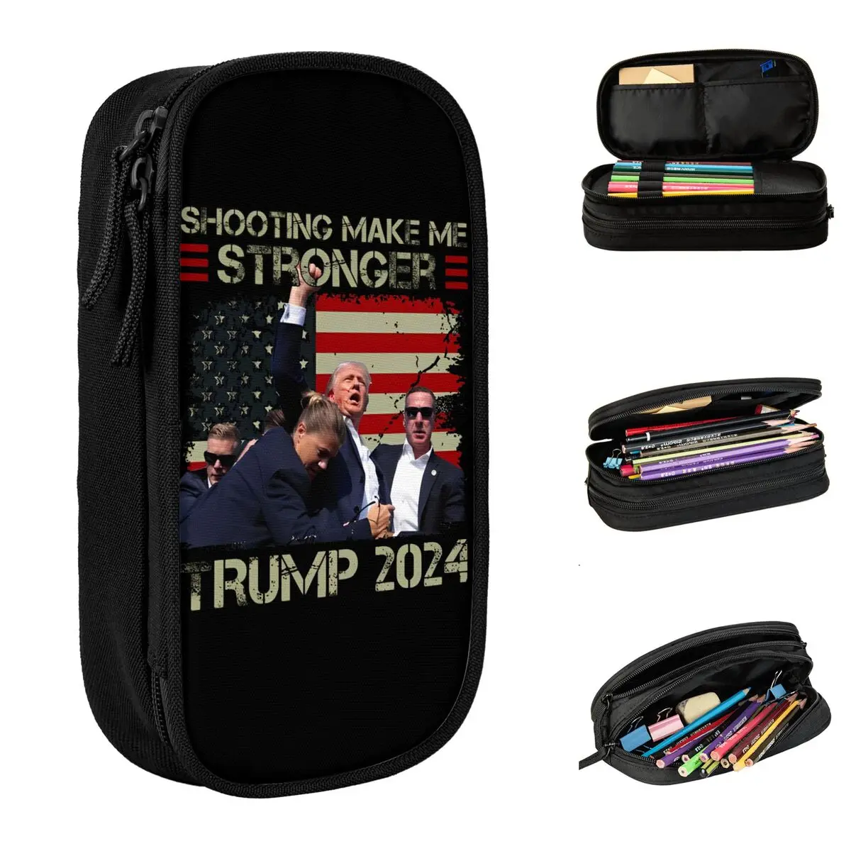 2024 Trump Shooting Makes Me Stronger Pencil Case Double Layer Large Capacity Office Support Trump for President Pencil Bag