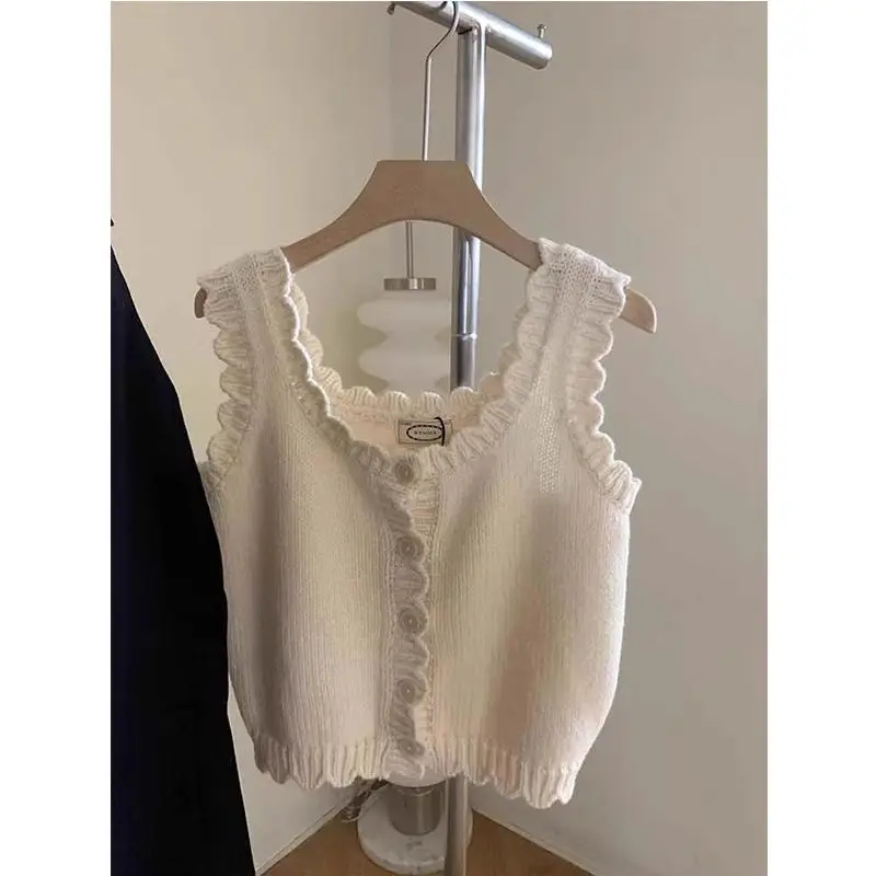 French Sweet Chic Knitted Vest Suspender Women's Summer Outfit Daily Solid Color Lace Cardigan Sleeveless Short Top