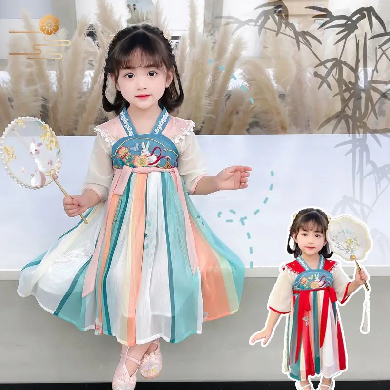 Girls Hanfu Summer Children\'s Embroidered Tang Dress Super Xianru Dress Little Girls Chiffon Western-style Ancient Dress