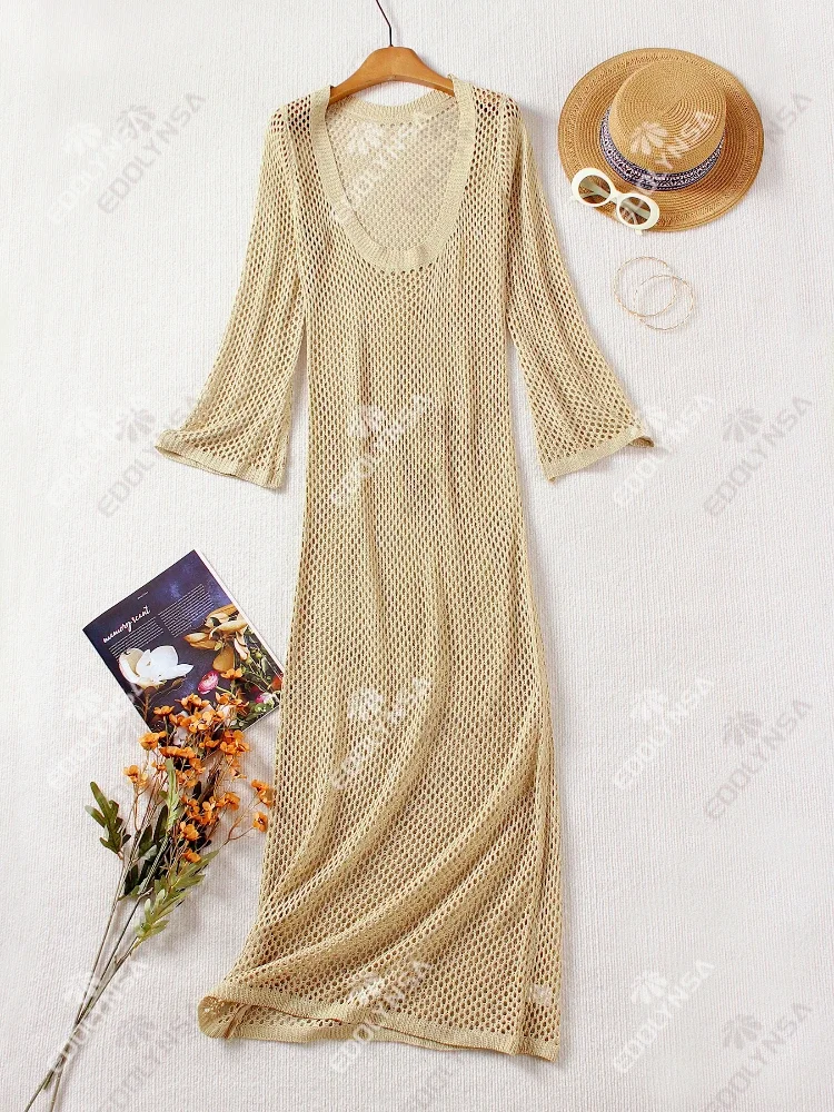 Sexy U-neck Bell Sleeve Knit Maxi Dress Summer 2024 Women Swimwear Feminine Bikinis Cover-ups Holiday Crochet Beach Outfit K21