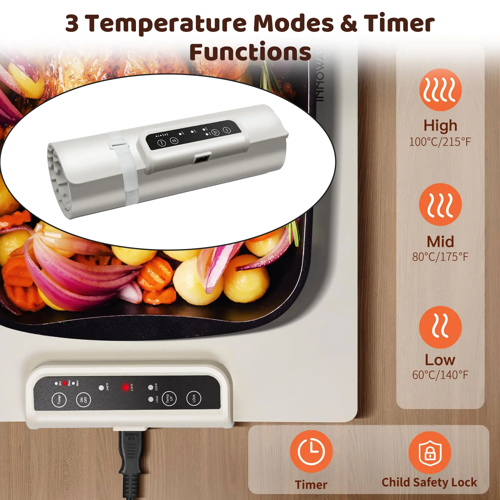 Electric Food Warming Mat Foldable Food Warmer Tray with 3 Temperature Mode Timer Function Fast Heating Food Warmer for Home