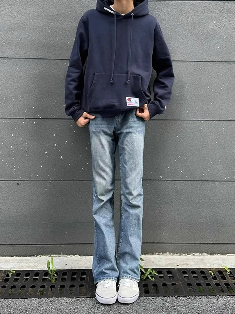 American Retro Light Blue Men's 57 Jeans High Waist Lifted Vibe Straight Leg Slim Fit Jeans Youthful Trendy Stand Fit