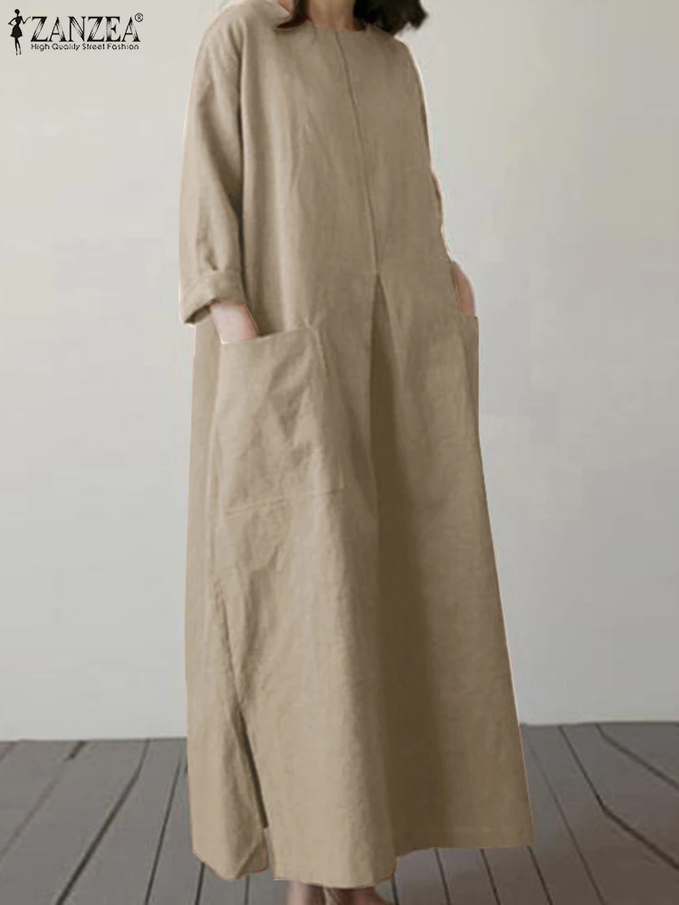 

2024 ZANZEA Autumn Vintage Cotton Dress Oversize Sundress Women Casual O Neck 3/4 Sleeve Solid Loose Vestidos Femme Holiday Robe
