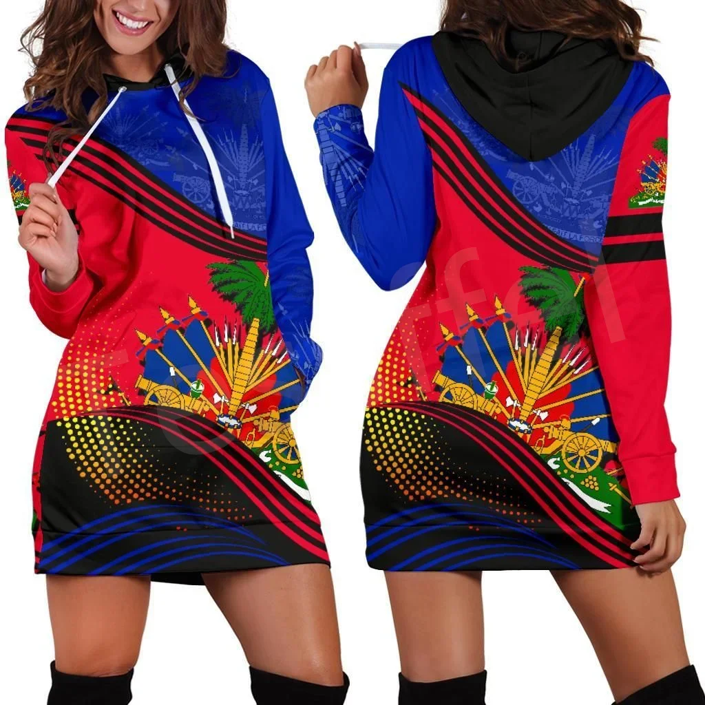 

2024 NewFashion Flag Caribbean Sea Haiti Island Retro Harajuku 3DPrint Funny Pullover Casual Sexy Women Hoodie Dress