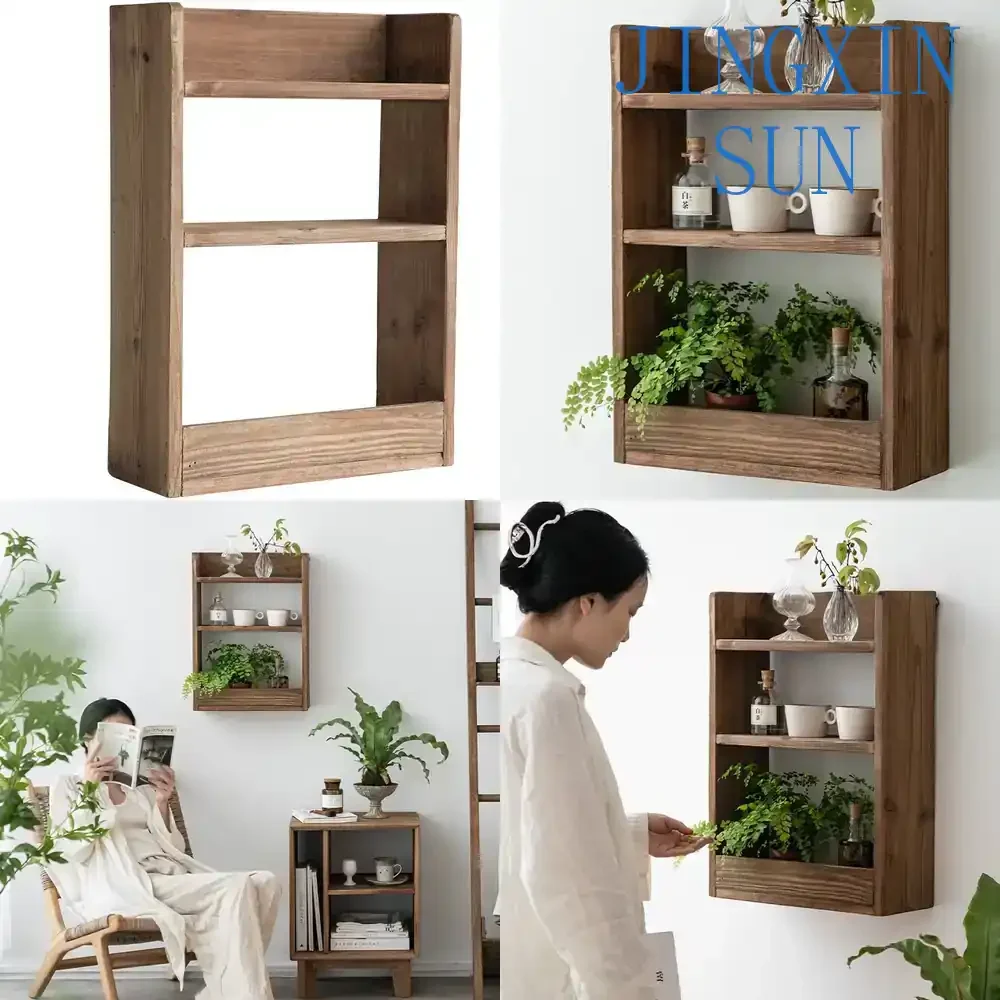 Runjia Home for Retro Solid Wood Wall Hanging Shelf for Pastoral Decor Wooden Wall Cabinet Shelving Partition Storage Rack
