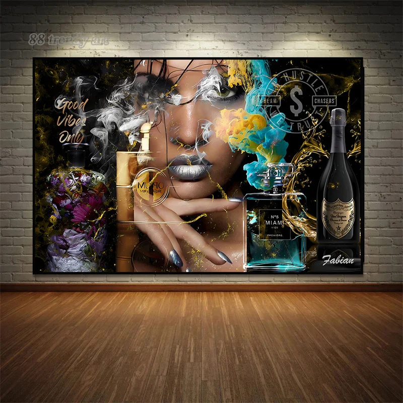 Bons vibrações apenas mual moda perfume champanhe mulher cartazes impressão em tela pintura arte da parede imagem para sala de estar decoração casa