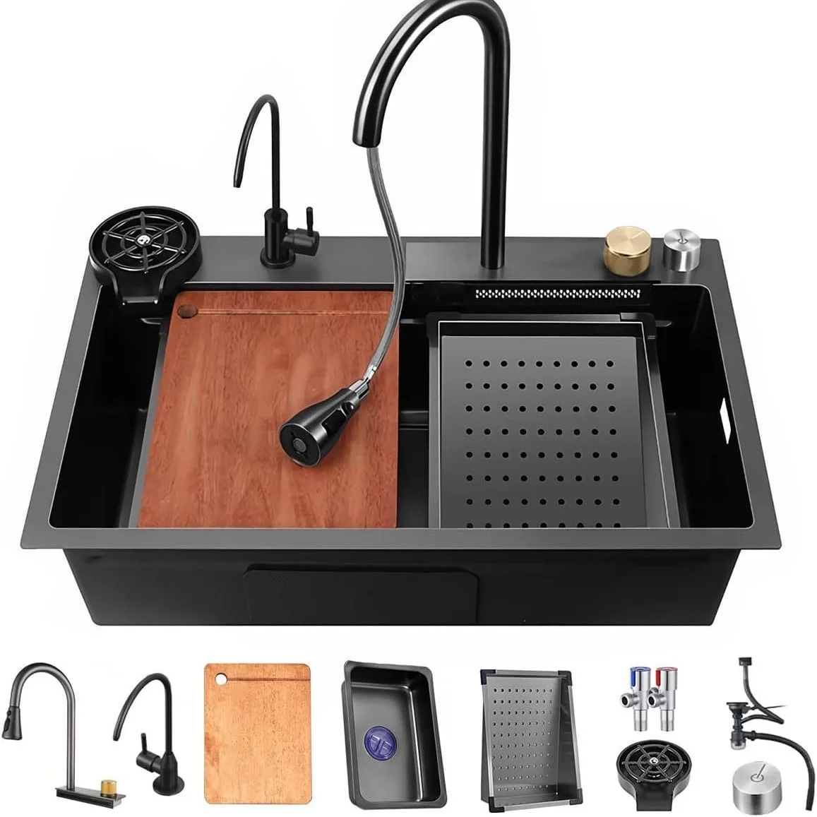 طقم حوض مطبخ ستانلس ستيل وعاء واحد مصنوع يدويًا 304 غسيل أطباق لوح تصريف شلال حوض غسيل الخضروات #2