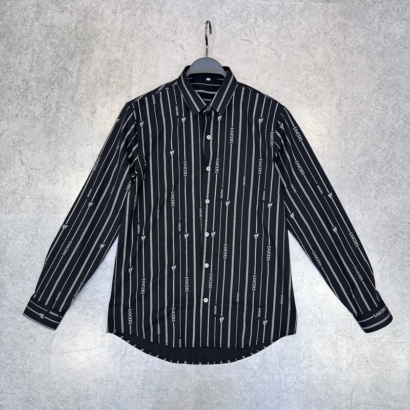 

Men's European station long sleeved business slim fit striped letter simple fashion shirt