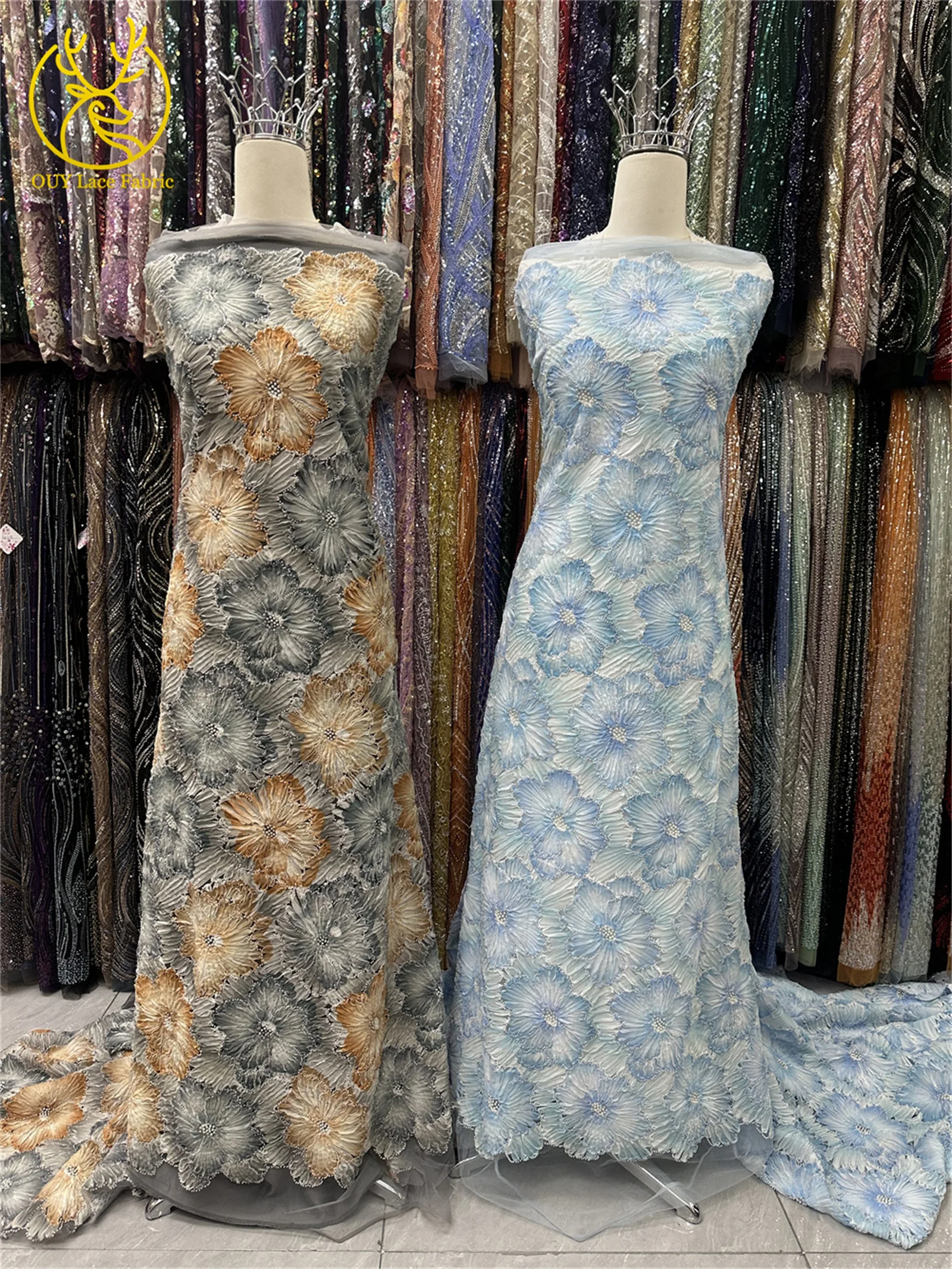 Latest Fashion Sequins Beaded Lace Fabric African Chunky 3D Floral Embroidery Luxury French Tulle Mesh Lace Fabric Party Dresses