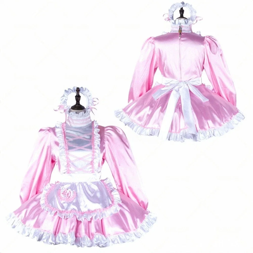 

Sexy sissy girl French maid pink satin lockable ruffle edge dress cosplay costume customizable