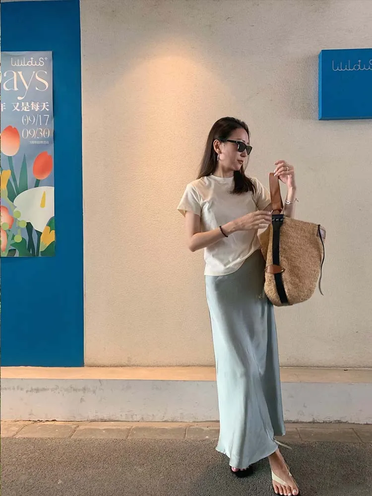

Summer women's satin high waisted simple and elegant long skirt