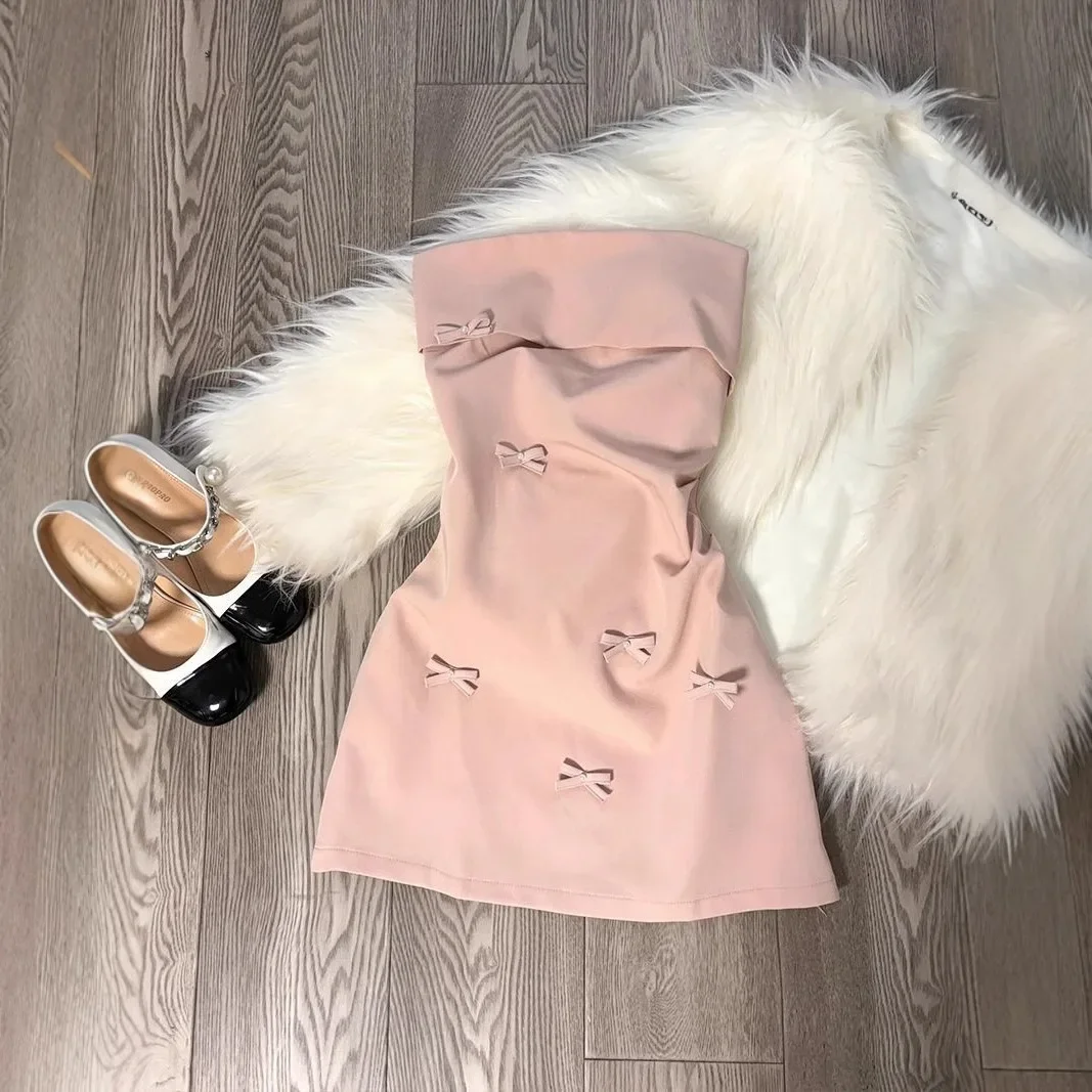 

Korean Style Pink 3D Butterfly Knot Tube Top Dress Women's Spring Summer Pure Desire Sexy Waist Cinching Short Skirt