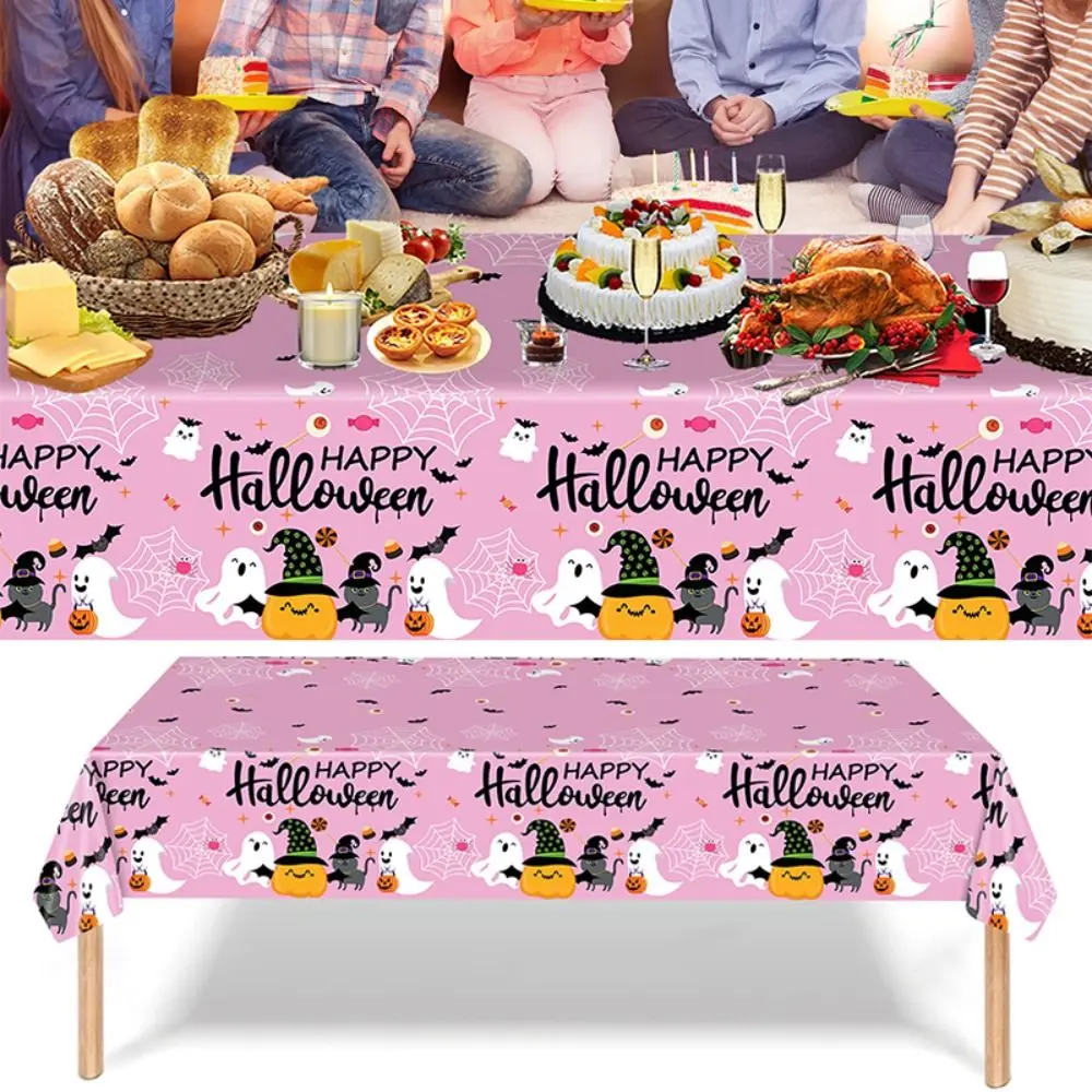 Pink Halloween Party Halloween Tablecloth Disposable Plastic Halloween Table Runner Pumpkin Ghost Table Decoration Table Cover