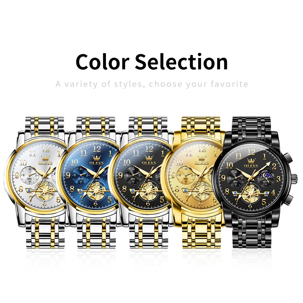 OLEVS 2900 Number Scale Quartz Watch For Men Moon Phase 24 Hours Display Stainless Steel Watch Waterproof Original Hand Clock