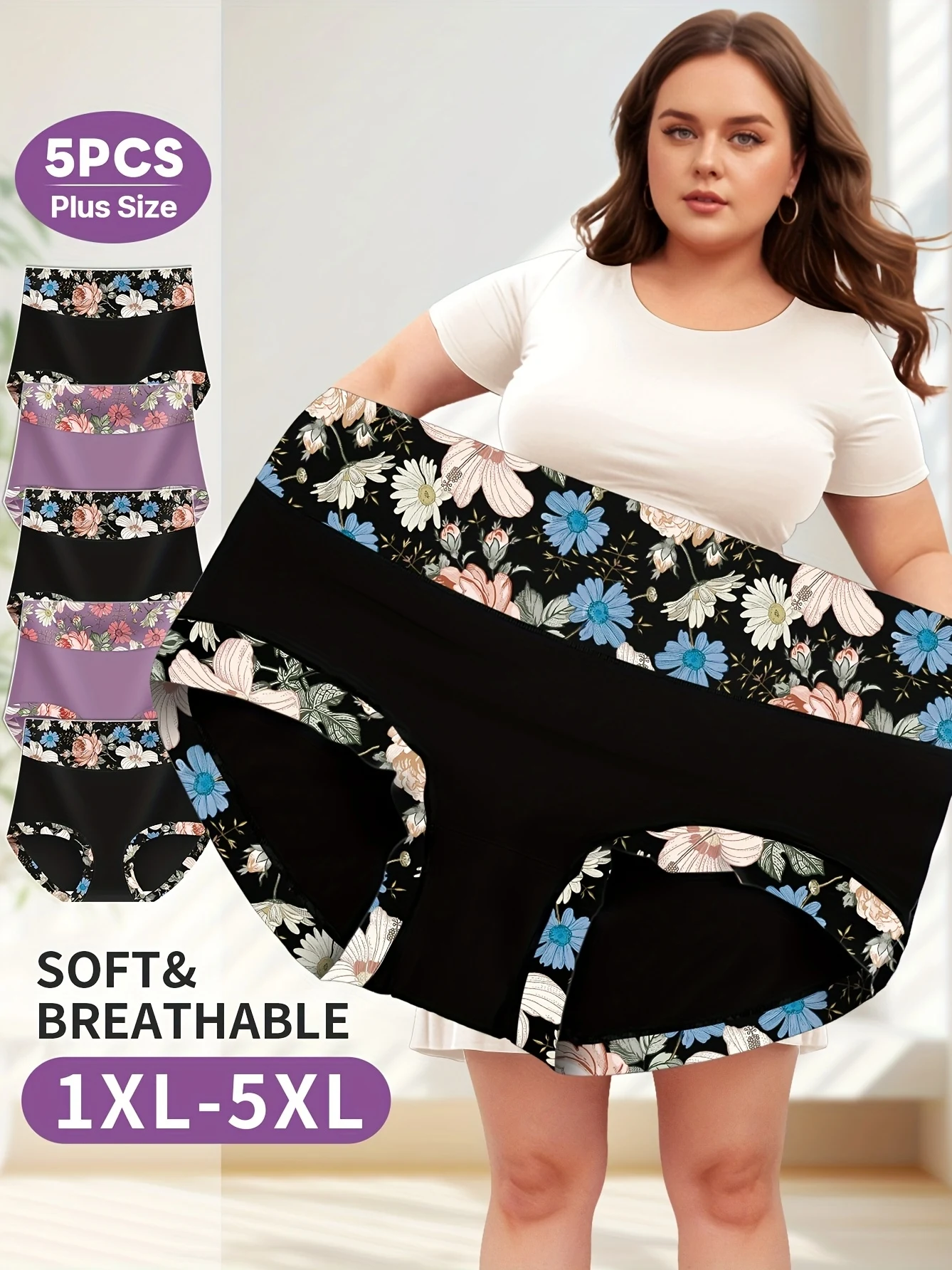 Pack of 5 Plus-Size High-Waisted Women'S Underwear with Tummy Control And Lift, Featuring a Comfortable Fit And Printed Design.