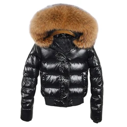 Big Real Raccoon Fur Hooded Short Coat Fluffy Puffer Jacket Women 2024 Winter Feather Down Coat Female Parkas Waterproof Jacket