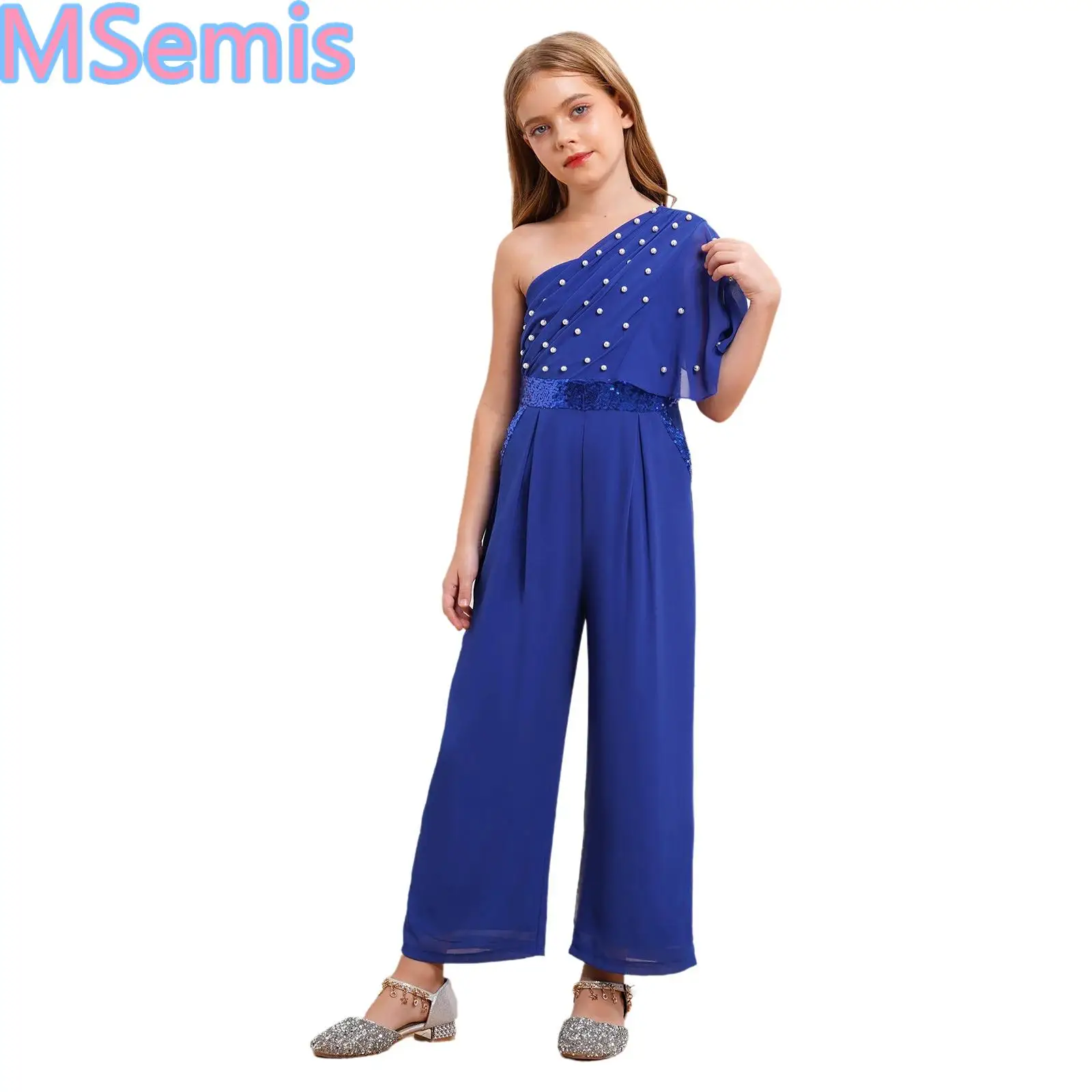 

Girls Wedding Jumpsuit One Shoulder Fake Pearls Sequin Embellished Ruffled High Waist Jumpsuit with Pockets for Party