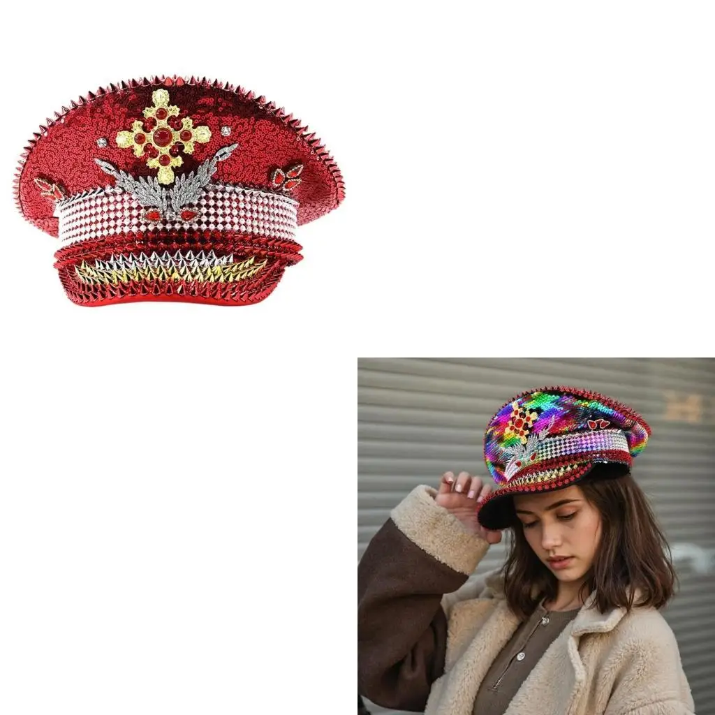 

652F Colorful Rhinestones Navies Hat Fashionable Unisex Adjustable Breathable Hat for Various Social Event