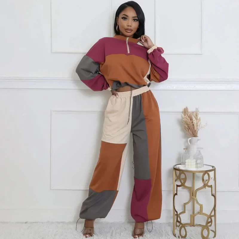 

Color Block Casual Tracksuit Women Two Piece Set Active Wear Drawstring Sweatshirt Top and Cargo Pants Sweat Suit Matching Sets