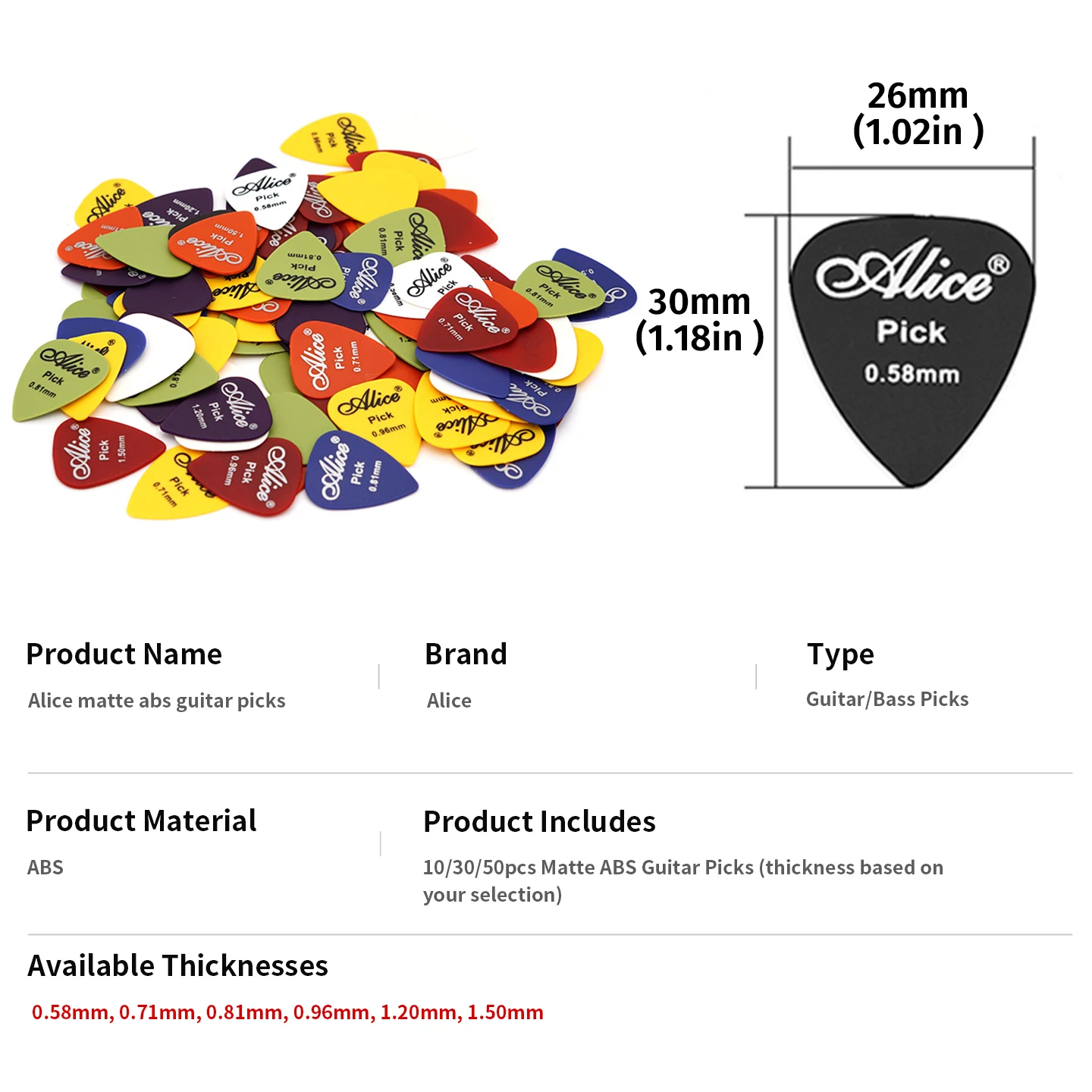 10-50Pcs Alice Matte ABS Guitar Picks Plectrum Set Anti-Slip 0.58-1.5mm Multi Thickness for Electric Acoustic Guitar Bass