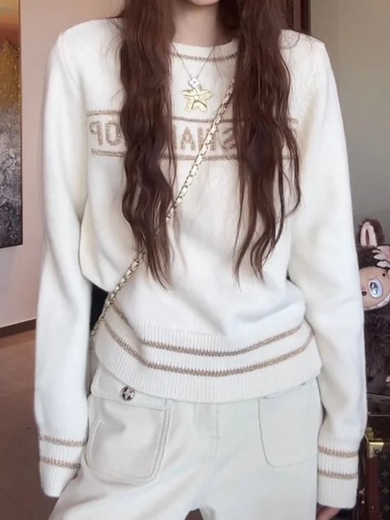 Korean Style Star Embroidered Knitted Sweater Women's Winter Loose Base Layer Top Fashionable Versatile Thickened Winter Sweater