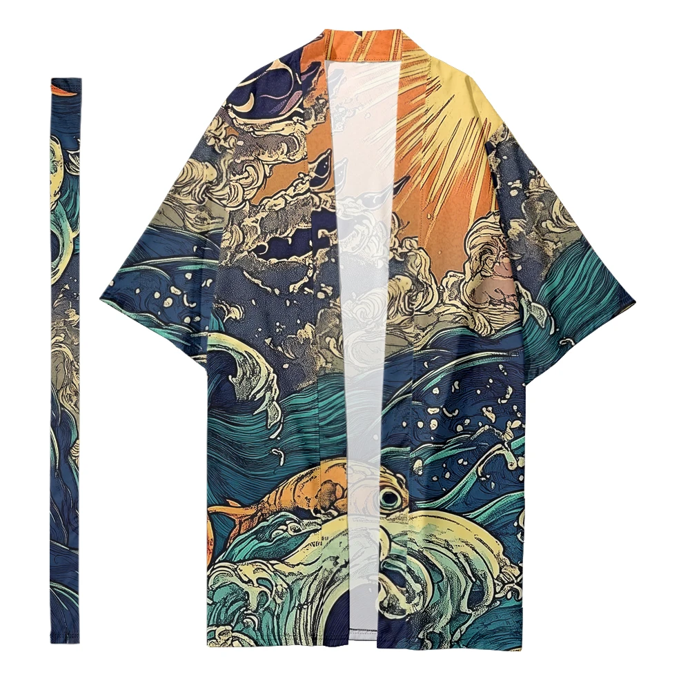 Herbst Samurai Kimono Cosplay japanische Mode lange Kimono Unisex stilvolle Haori Kimonos lässig Yukata Cardigan Wave Print Robe