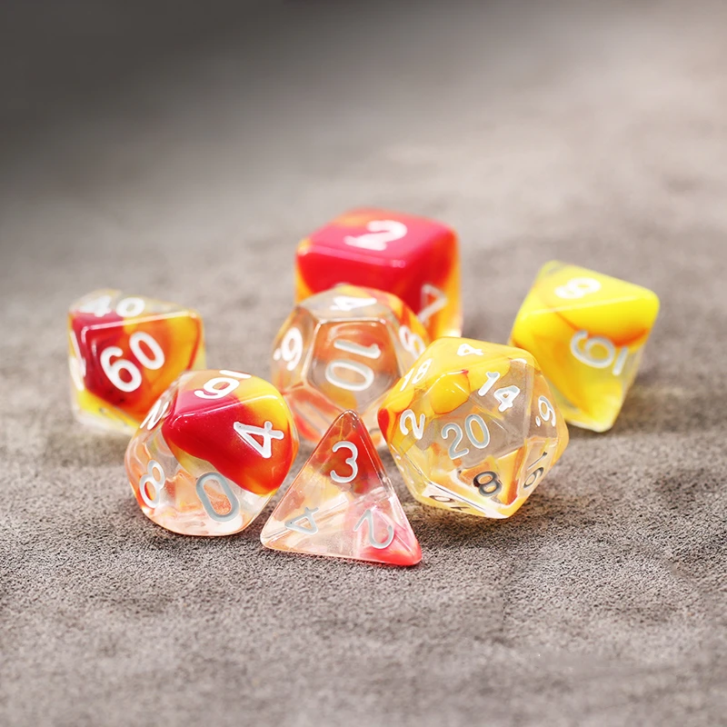 7 pz/set dadi trasparenti arancioni e gialli D & D COC dadi D4 D6 D8 D10 D % D12 D20 giochi da tavolo DND RPG Set di dadi