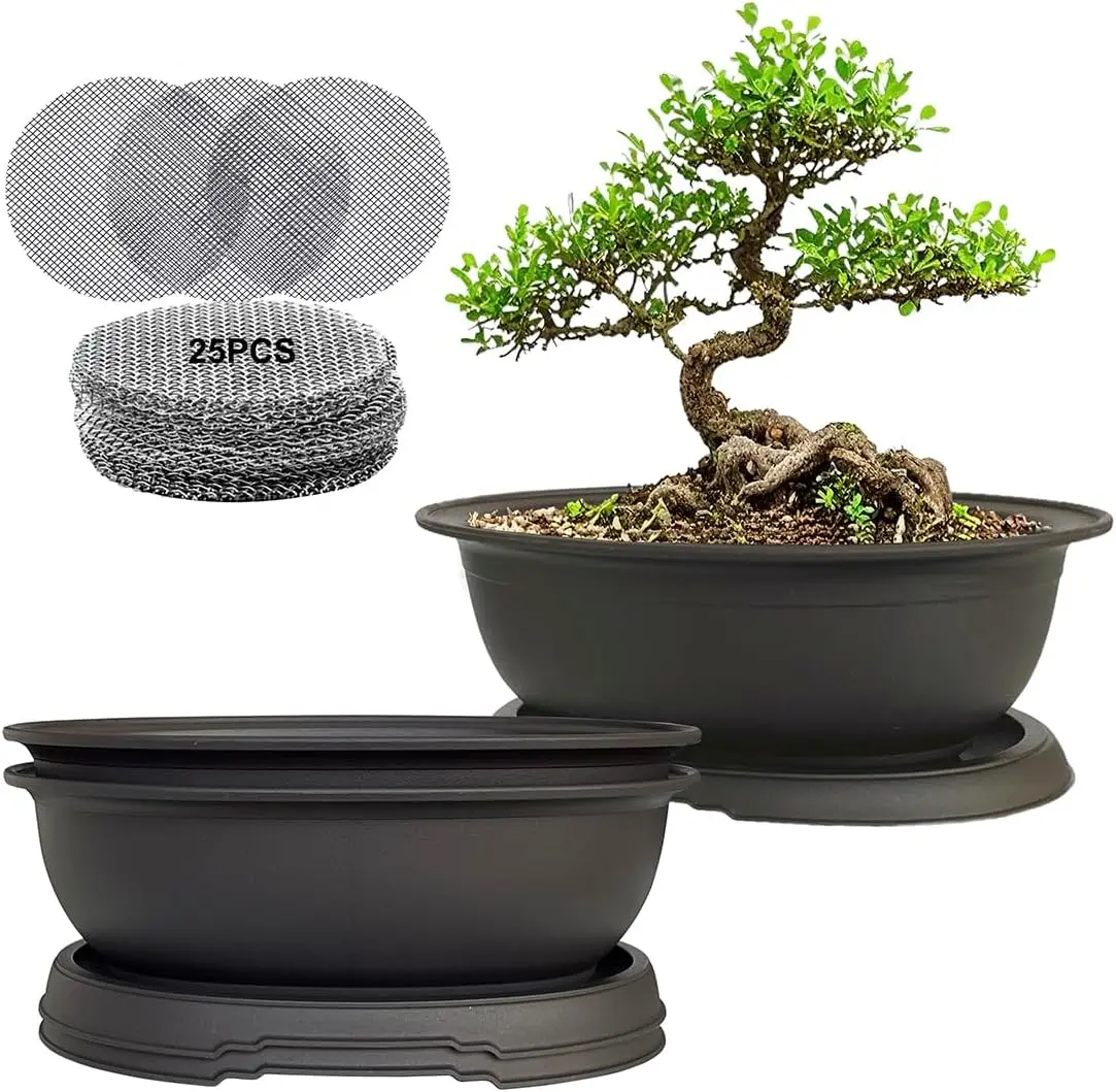 

3 Pack Oval Bonsai Training Pot with Drainage Tray, Matte Finish Nursery Plastic Bonsai Planter with 25PCS 2inch Mesh pad