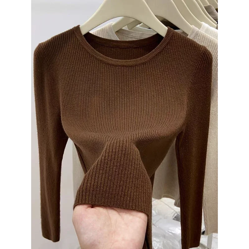 

Round Neck Solid Color Long-sleeved Slim Knitted Sweater Women Autumn Pullover Sweater Commuter Style Bottoming Shirt