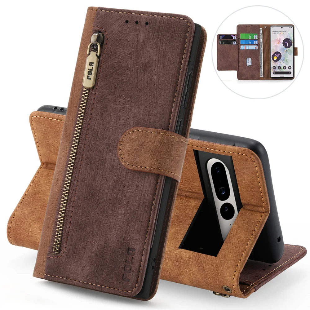 

Pixel 8 Pro 5G 2023 RFID Block Multi Card Leather Zipper Wallet Case For Google Pixel 8 Pro Luxury Book Cover Pixel 8 Funda Etui