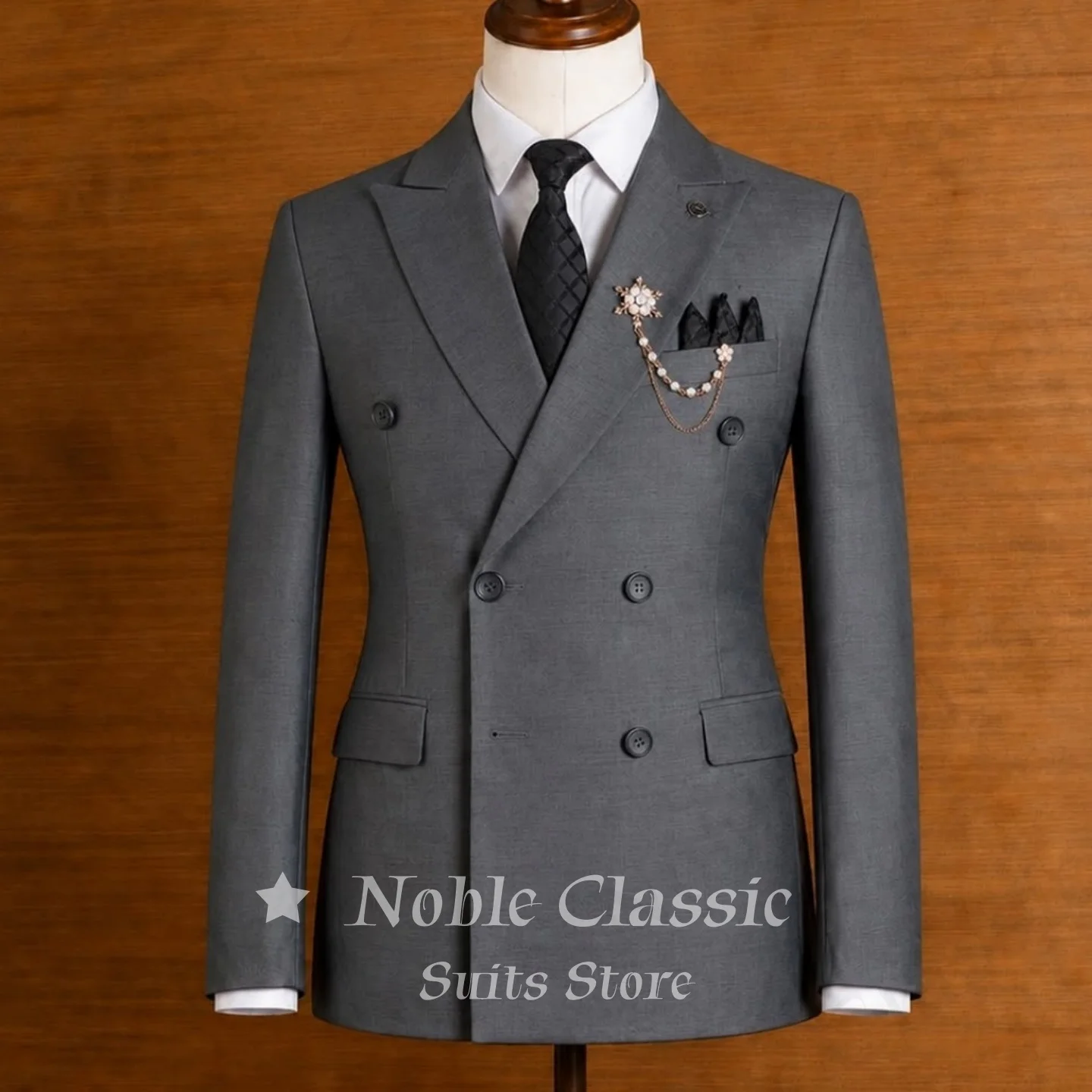 Men Solid Dark Grey 2 Piece Suit Men Double Breasted Wide Peak Lapel Blazer Matching Pants Set Formal Wedding Prom Customized