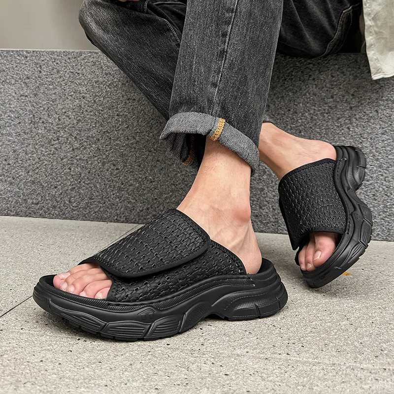 خمر نمط الرجال الصنادل الترفيه المشي الذكور الانزلاق على النعال القش النسيج الصيف المفتوحة تو أحذية الشاطئ الشقق عادية