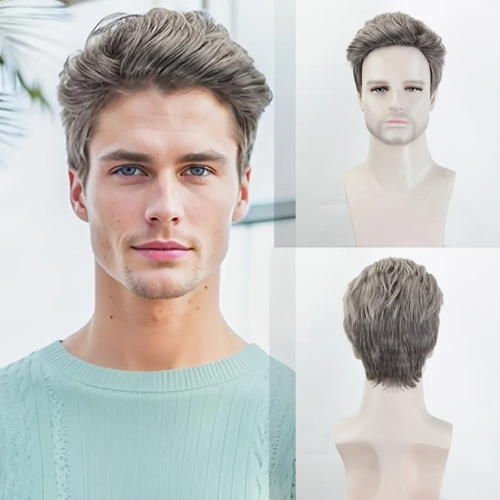 

Men's Silver Gray Short Straight Heat Resistant Fiber Hair Replacement System Thin Skin Breathable Natural Looking for Daily Use