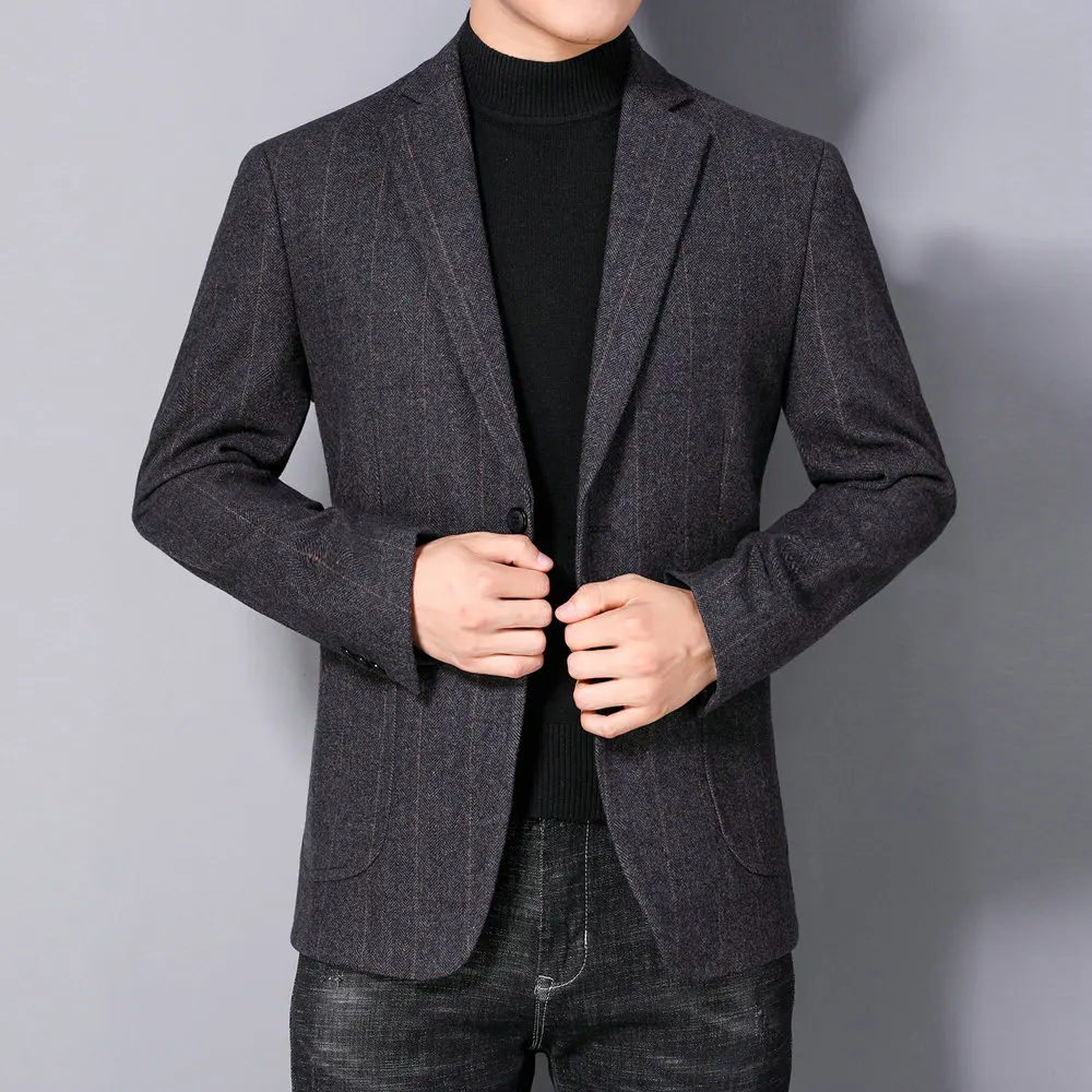 

England Style Men Sheep Wool Blazers Camel Gray Striped Suit Jacket Male Elegant Outfits Classical Uniform Clothes Spring 2024