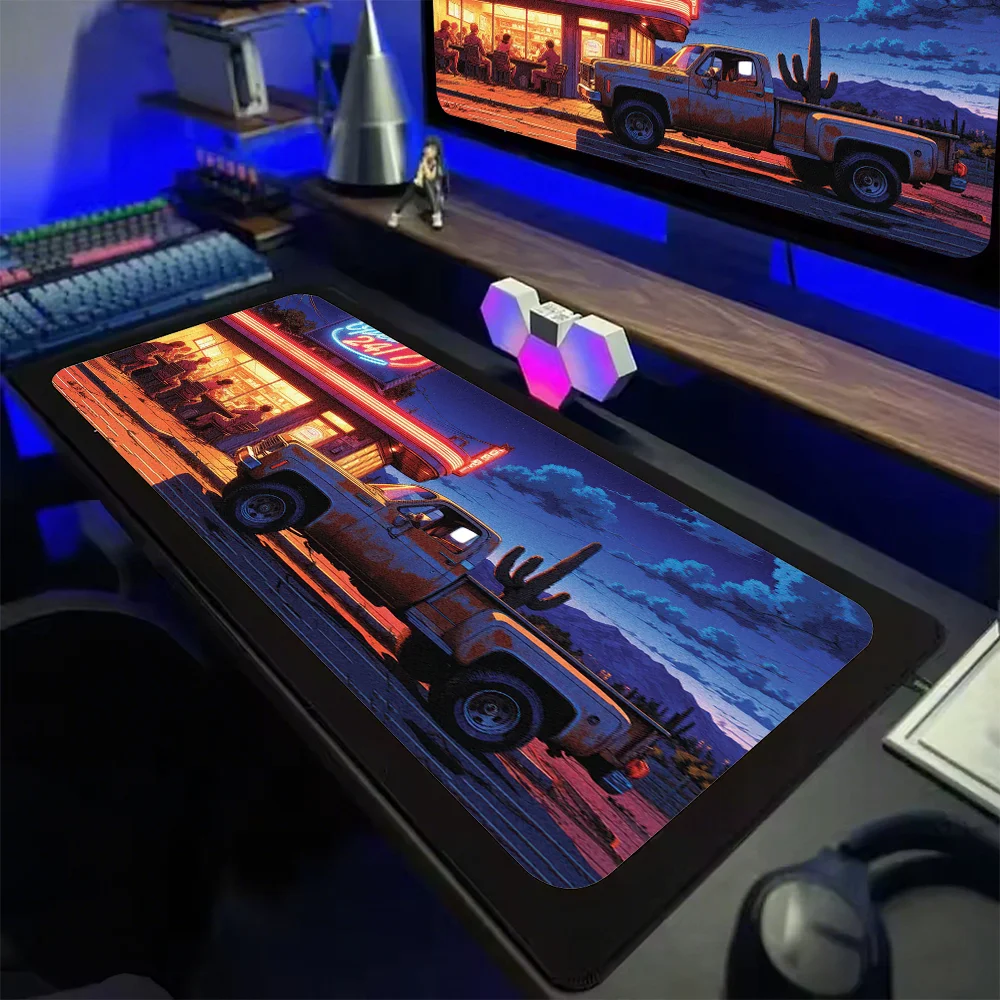 

Neon Diner Glow mouse pad: Weathered Truck Under Twilight, Radiating Vintage Americana Roadside Charm for Your Desk