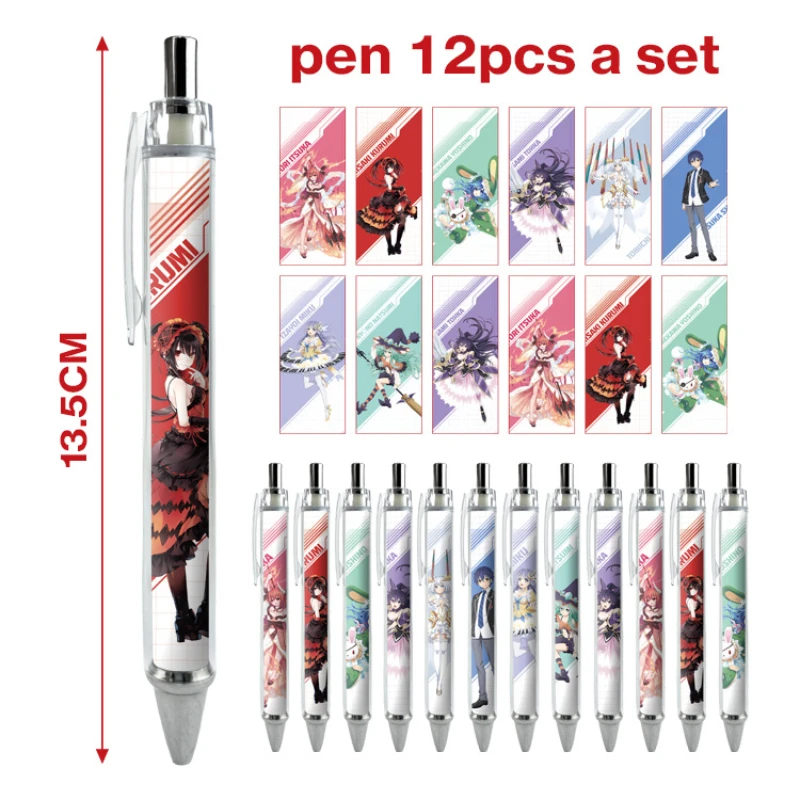 12PCS Itsuka Shido Yatogami Tohka Tobiichi Origami Popular Anime Peripheral Ballpoint Pen Set Cartoon Print Stationery Gel Pen