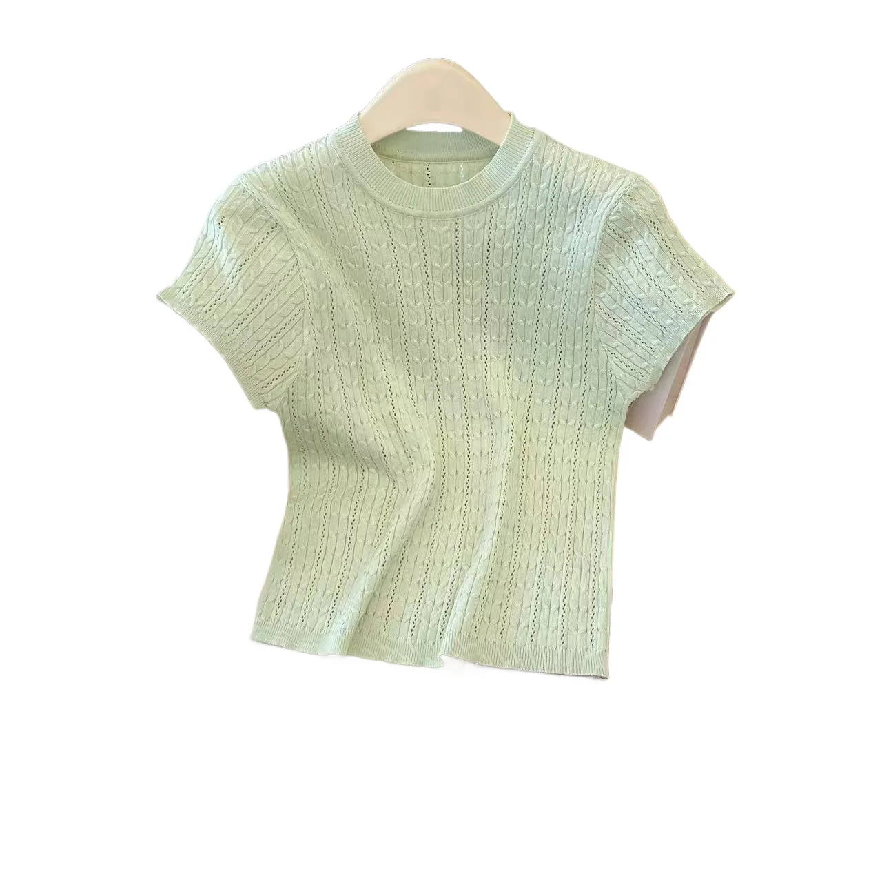 

2026 Solid Color Simple and Versatile Fashion Round Neck Knitted Sweater T-shirt Women's Spring Summer Hollow Short-sleeved Top