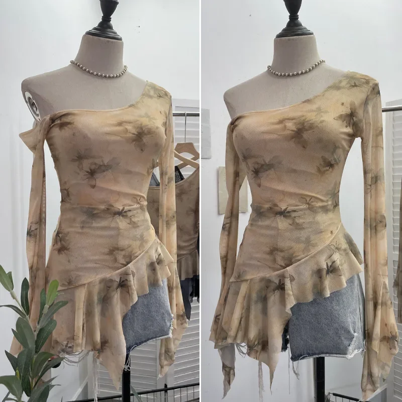 Women\'s Sexy Mesh Off-Shoulder Long Sleeve Shirt Chic tie-dye Printed Irregular Ruffle Bll Sleeve Top Essential Streetwear 9955
