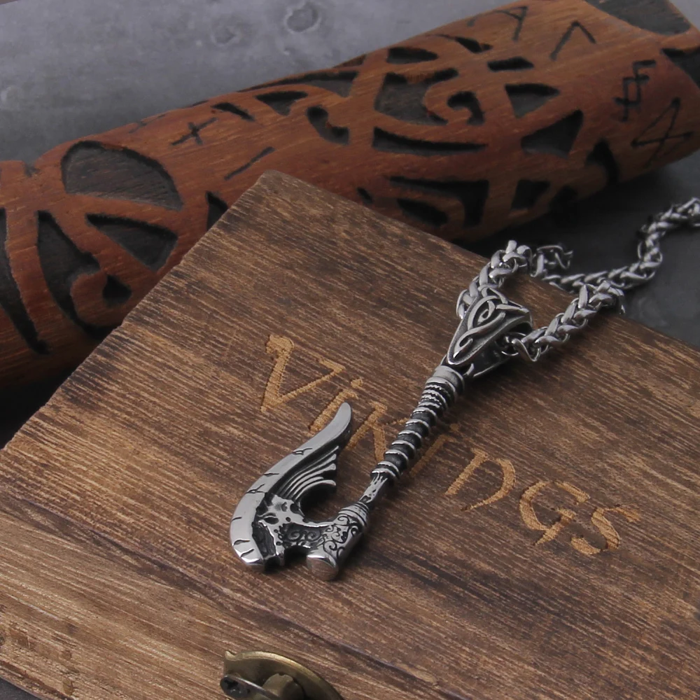 New Arrival Viking Rune Axe Necklace in Stainless Steel with Wooden Box as Gift for Men