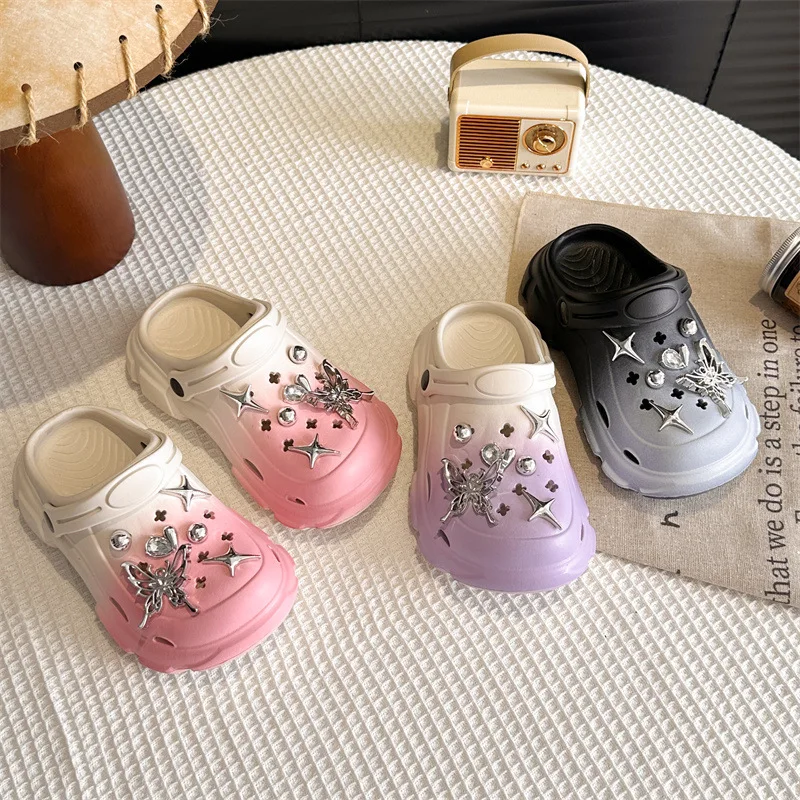 

Детские тапочки с градиентом и бабочкой, модная летняя обувь из ПВХ для детей, нескользящая мягкая толстая подошва, розовая, фиолетовая, размер 26-39