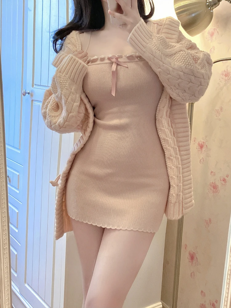 2023 Winter Long Sweater Cardigan + Bodycon Y2k Mini Skirt Pink Kawaii Knitted Dress Set Korean Fashion Sexy Slim Suit Woman