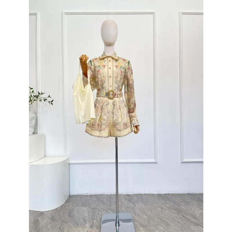 

Beige Floral Print Long Sleeve Blouse Tops and Shorts Skirt Sets 2025 High Quality Silk Linen
